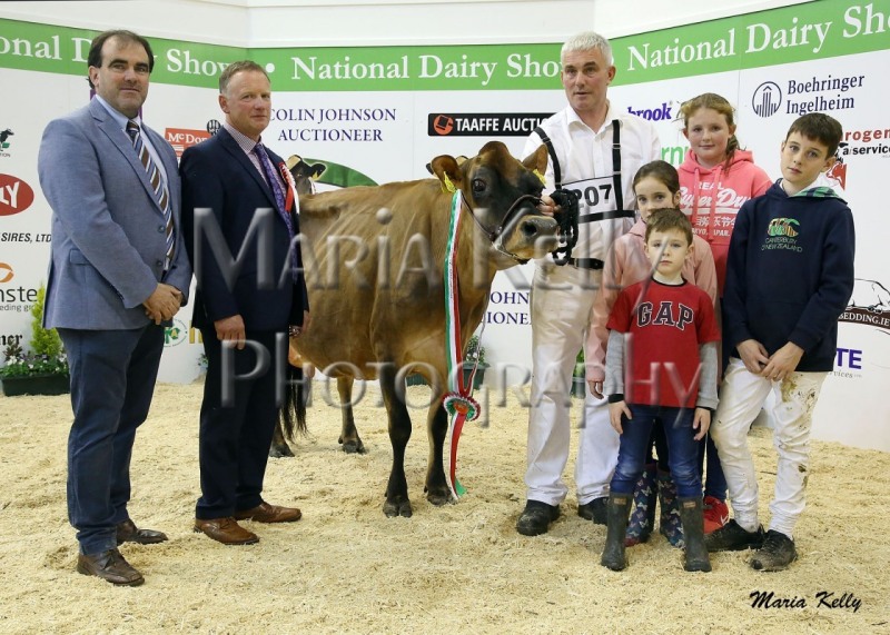20/10/18  Adrian Corbett, McDonnell Feeds  sponsor of Overall Jersey Champion, Laurelelm Glamour,  Champion, owned by Rickey & John Barrett, pictured with Julie, Rickey & John Barrett, Zoe O’connor,  Photo: Maria Kelly